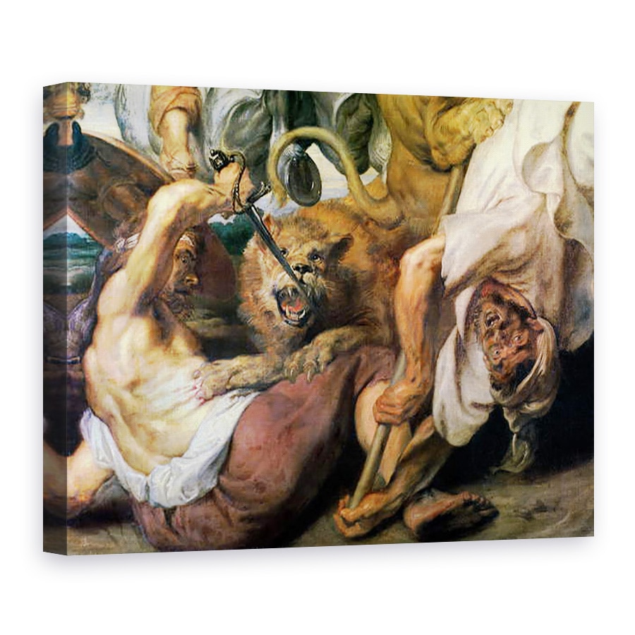 Tablou canvas - Peter Paul Rubens - Lion Hunt, detaliu de doi oameni si un leu, 60 x 80 cm