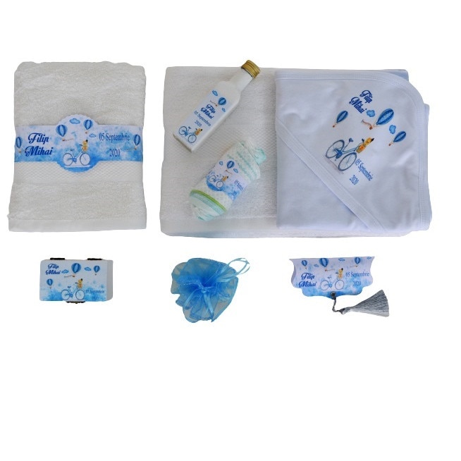 Trusou botez personalizat, Et Collection, decorat cu bicicleta, baloane, norisori