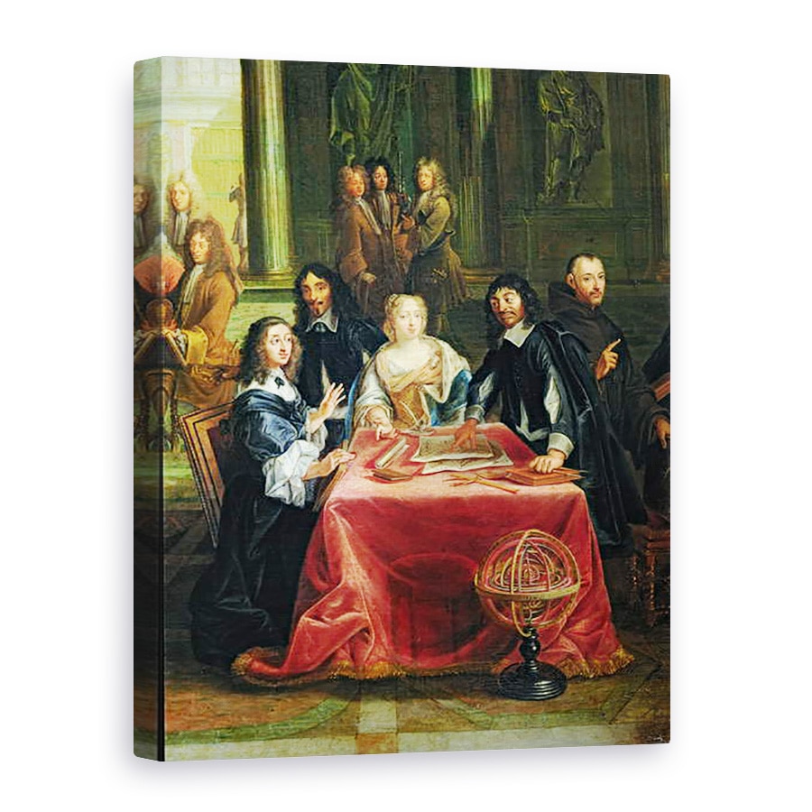 Tablou canvas - Pierre-Louis Dumesnil the Younger - Christina a Suediei 1626-89 si Curtea sa, detalii despre Regina si Rene Descartes 1596-1650 la masa ulei pe panza, 75 x 100 cm