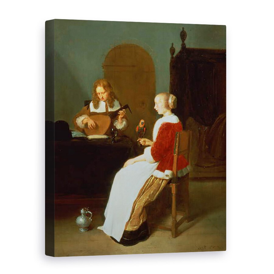 Tablou canvas - Quiringh Gerritsz van Brekelenkam - Un interior cu un jucator lauta si o femeie care detine un papagal, 75 x 100 cm