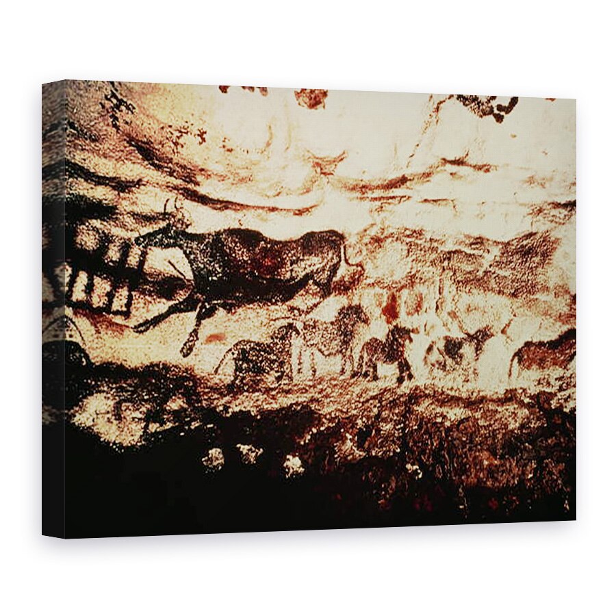 Tablou canvas - Prehistoric - Pictura rock a unei vaci saritoare si o friza de cai mici, 60 x 80 cm