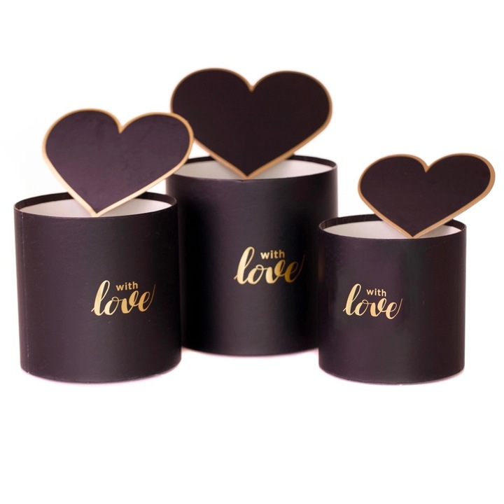Комплект от 3 кръгли кутии със сърца, Createur, модел с любов, черни, 14.5x15cm, 16.7x16.5cm, 18.7x19cm