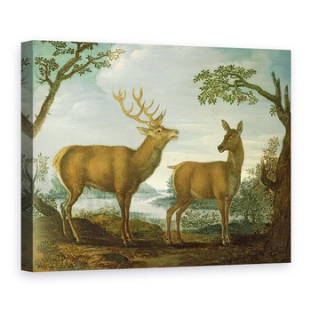 Tablou canvas - Scoala germana - Cerb si spate intr-un peisaj impadurit, 75 x 100 cm Tablou canvas - Scoala germana - Cerb si spate intr-un peisaj impadurit, 75 x 100 cm