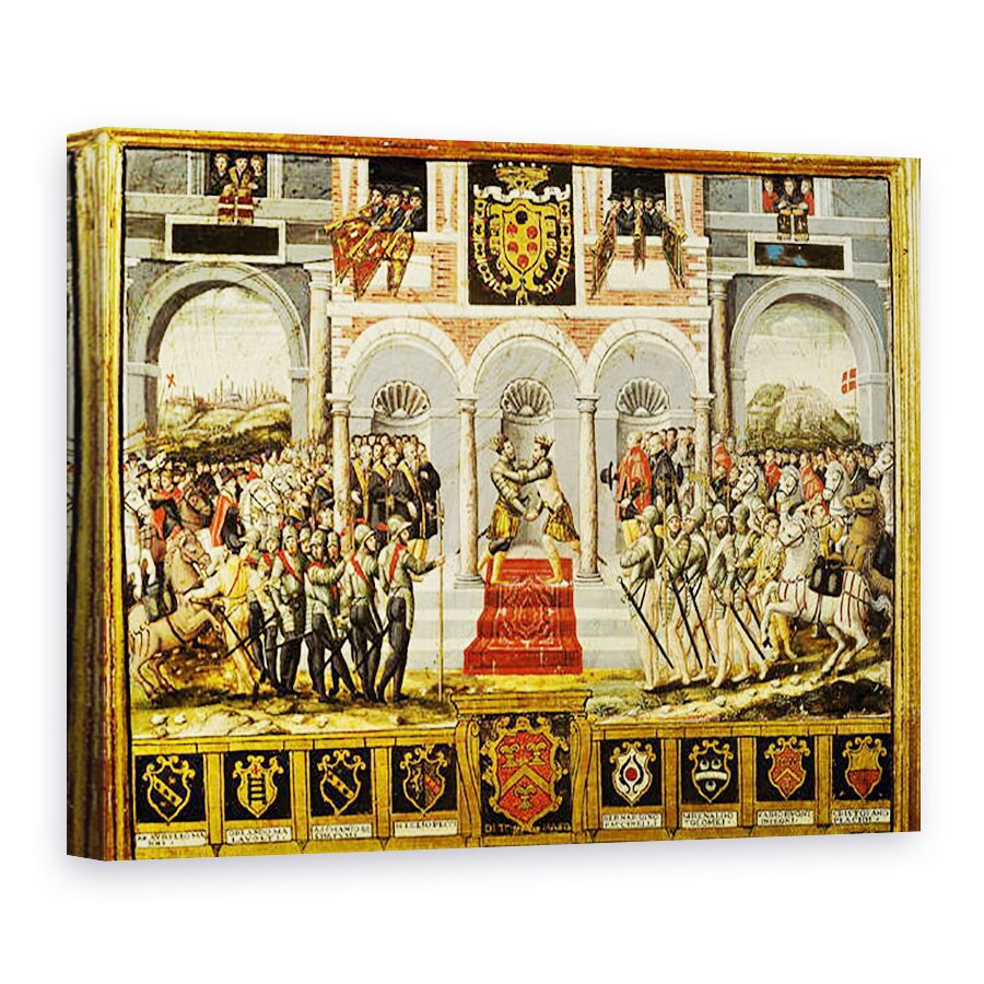 Tablou canvas - Scoala franceza - Tratatul de la Cateau-Cambresis si imbratisarea lui Henri al II-lea 1519-59 al Frantei si Filip al II-lea 1527-98 al Spaniei, 50 x 70 cm