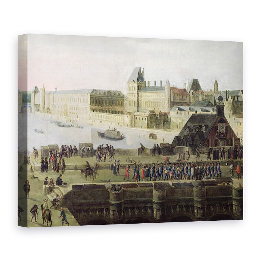 Tablou canvas - Scoala flamanda - Vedere la Pont-Neuf si raul Sena in cautarea in aval, detaliu al podului si Luvru, 75 x 100 cm