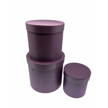 Set 3 cutii decorative cu capac pentru aranjamente si cadouri, 18,5x17/16x15/12x12 cm, Carton rotund, Mov Set 3 cutii decorative cu capac pentru aranjamente si cadouri, 18,5x17/16x15/12x12 cm, Carton rotund, Mov