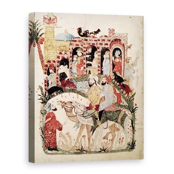 Tablou canvas - Yahya ibn Mahmud Al-Wasiti - Dna Ar 5847 f.138, Abu Zayd si Al-Harith interogarea satenilor, de la Al Maqamat intalnirile de Al-Hariri, 60 x 80 cm Tablou canvas - Yahya ibn Mahmud Al-Wasiti - Dna Ar 5847 f.138, Abu Zayd si Al-Harith interogarea satenilor, de la Al Maqamat intalnirile de Al-Hariri, 60 x 80 cm