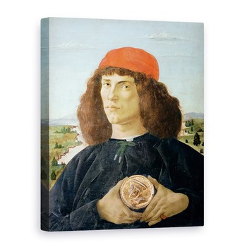 Tablou canvas - Sandro Botticelli - Portretul unui tanar care detine un medalion de Cosimo I de Medici Batranul 1389-1463, 75 x 100 cm Tablou canvas - Sandro Botticelli - Portretul unui tanar care detine un medalion de Cosimo I de Medici Batranul 1389-1463, 75 x 100 cm