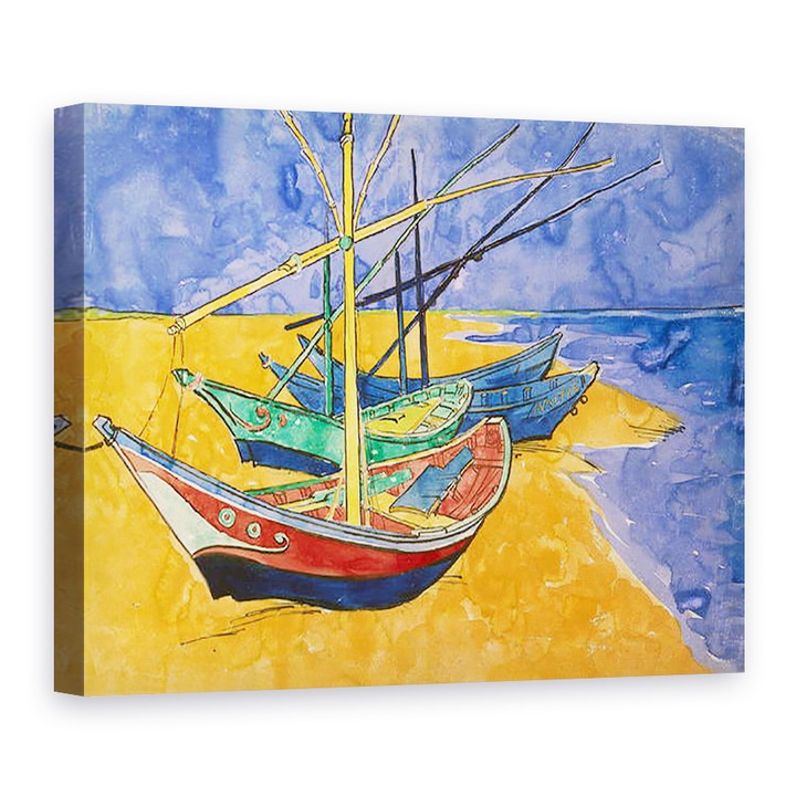 Tablou canvas - Vincent van Gogh - Barci de pescuit pe plaja de la Saintes-Maries-de-la-Mer, 50 x 70 cm