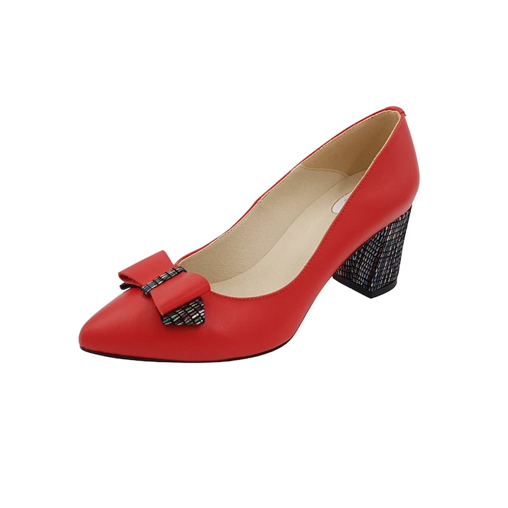 Női cipő, SandAli, tűsarkú, natúr bőr, vastag ruhás sarok, masni, piros lc, 40 EU