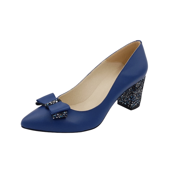 Női cipő, SandAli, tűsarkú, természetes bőr, vastag sarkú, masni, kék, kék virágok, 35 EU