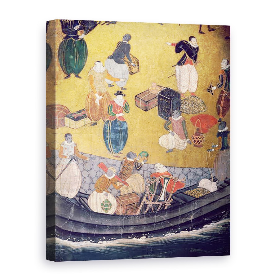 Tablou canvas - Scoala japoneza - Sosirea portughezilor in Japonia, detaliu de descarcare a marfurilor, de pe un ecran Namban Byobu, 50 x 70 cm