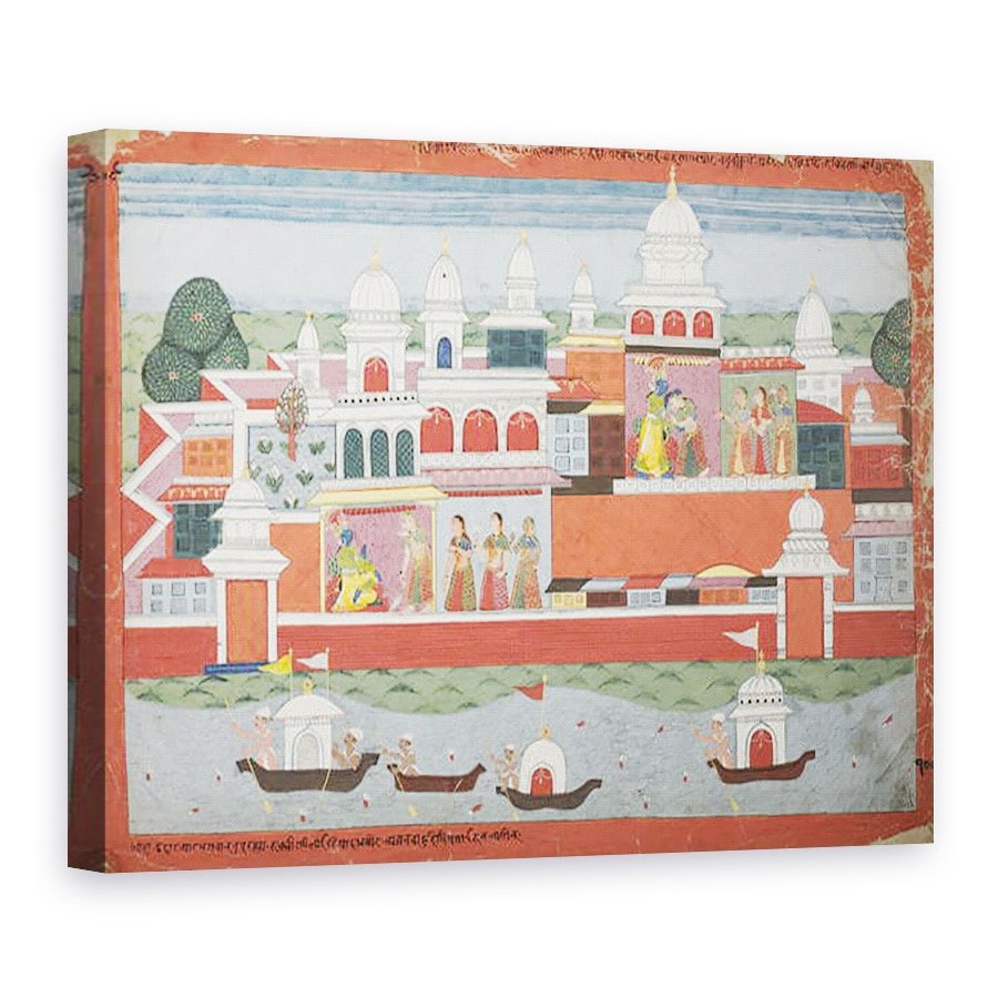 Tablou canvas - Scoala nepaleza - Rukmini cauta permisiunea lui Krishna de a-si vizita fratele Rukma, pagina dintr-un manuscris al Bhagavata Purana, 50 x 70 cm