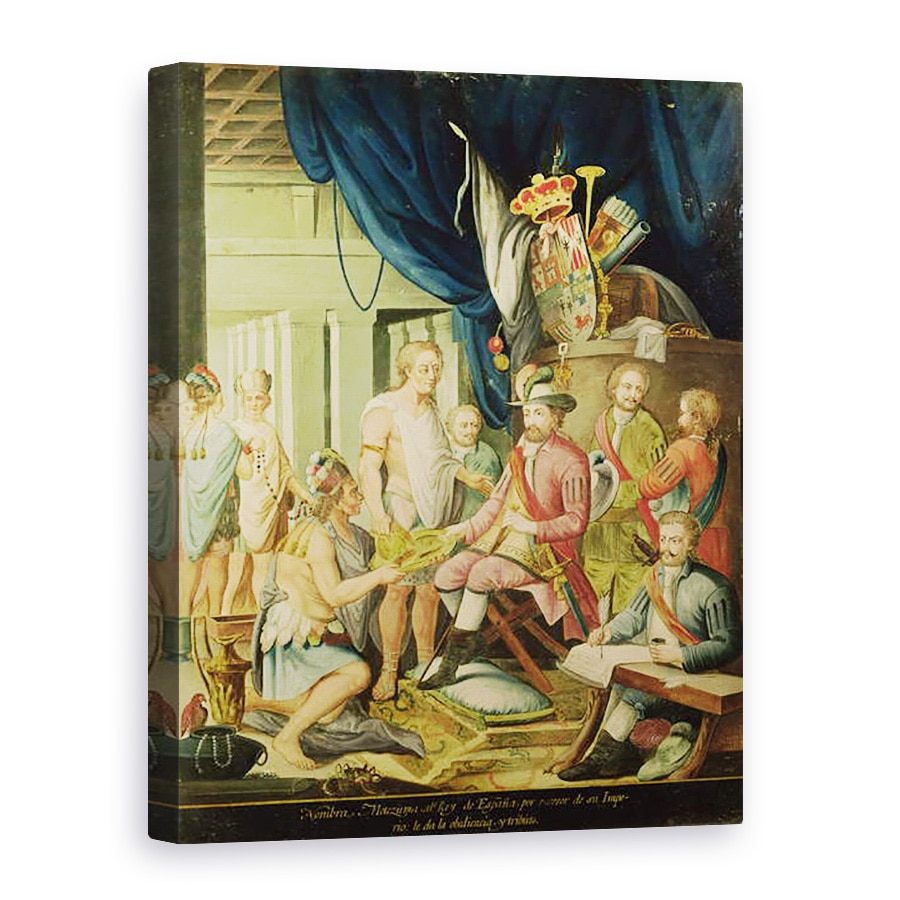 Tablou canvas - Scoala spaniola - Montezuma isi declara loialitatea fata de regele Spaniei inaintea lui Cortes, 50 x 70 cm