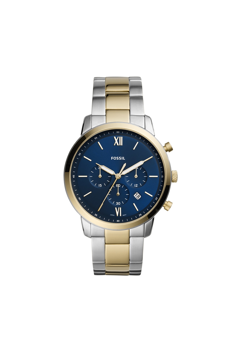 Fossil, Ceas quartz cronograf din otel inoxidabil, Argintiu/Auriu/Bleumarin