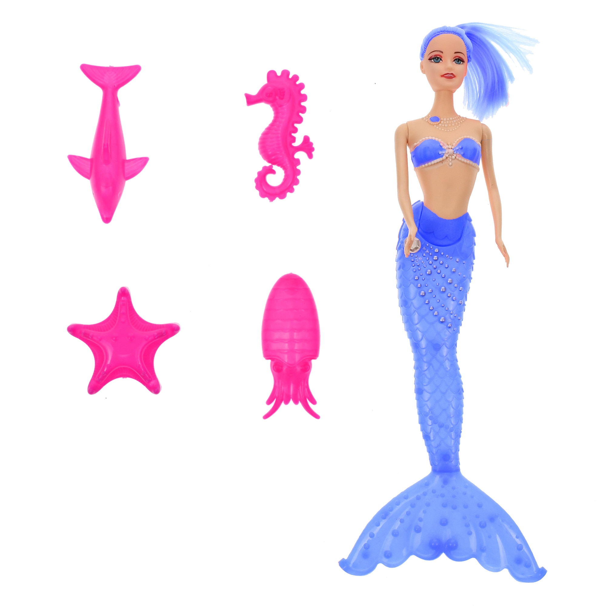 Set Papusa Sirena, cu animalute si luminite, albastru - PET2156