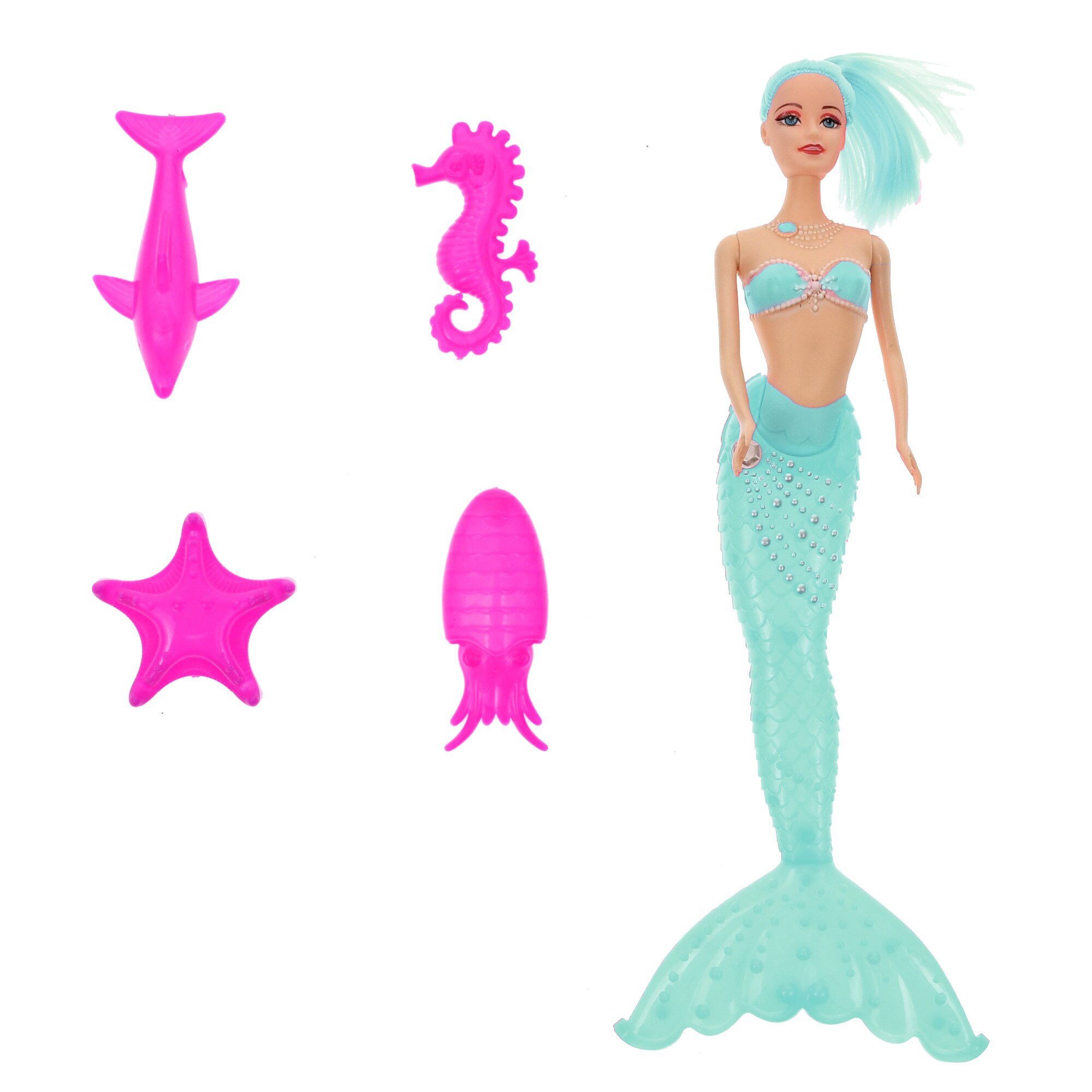 Set Papusa Sirena, cu animalute si luminite, turcoaz - PET2156