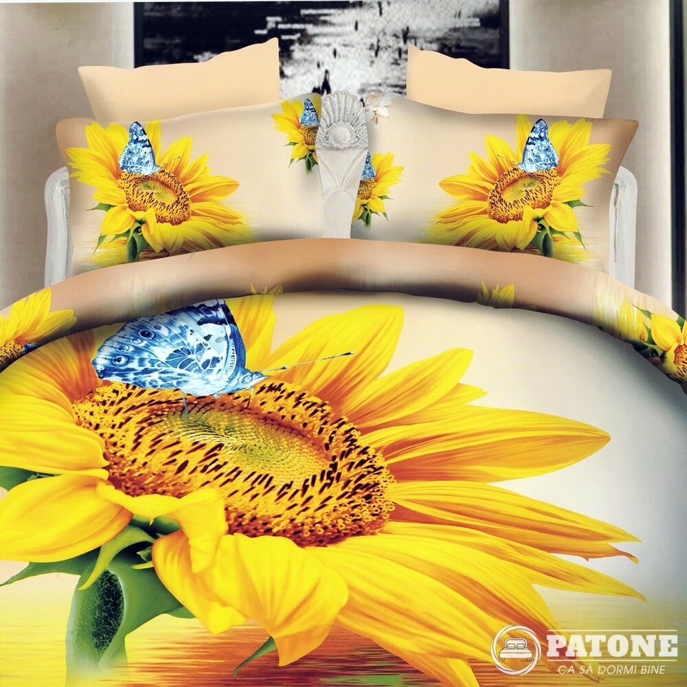 Set complet lenjerie de pat dublu + pilota + 2 perne, Digital Print PUCIOASA, 7 piese, 2 persoane, SETDP30