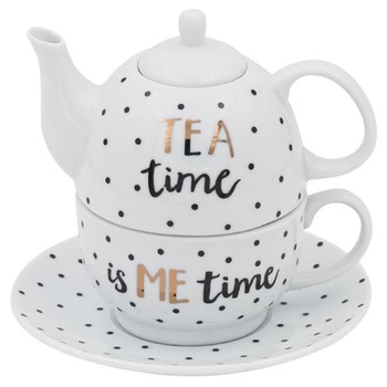 Set 3 in 1 pentru ceai Felis, Ceainic cu ceasca si farfurie, Portelan, 7x9,5 cm, Alb/Negru Set 3 in 1 pentru ceai Felis, Ceainic cu ceasca si farfurie, Portelan, 7x9,5 cm, Alb/Negru