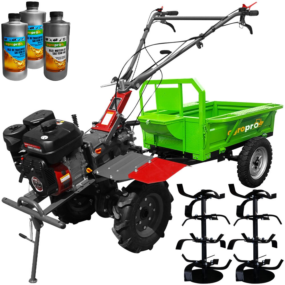 Set motocultor Weima WM1100C-6, motor 7 CP, 6 viteze, latime lucru 120 cm, freze, roti cauciuc, reductor usor/greu, remorca, 3l ulei AgroPro