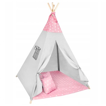 Cort de Joaca TeePee in Stil Indian Pentru Copii NOVOKIDS™ Cozy Pink Star, Bumbac 100%, Saltea si 3 Pernite Incluse, Dimensiuni 115x115x180, Usor de Montat si Transportat, Roz Cort de Joaca TeePee in Stil Indian Pentru Copii NOVOKIDS™ Cozy Pink Star, Bumbac 100%, Saltea si 3 Pernite Incluse, Dimensiuni 115x115x180, Usor de Montat si Transportat, Roz