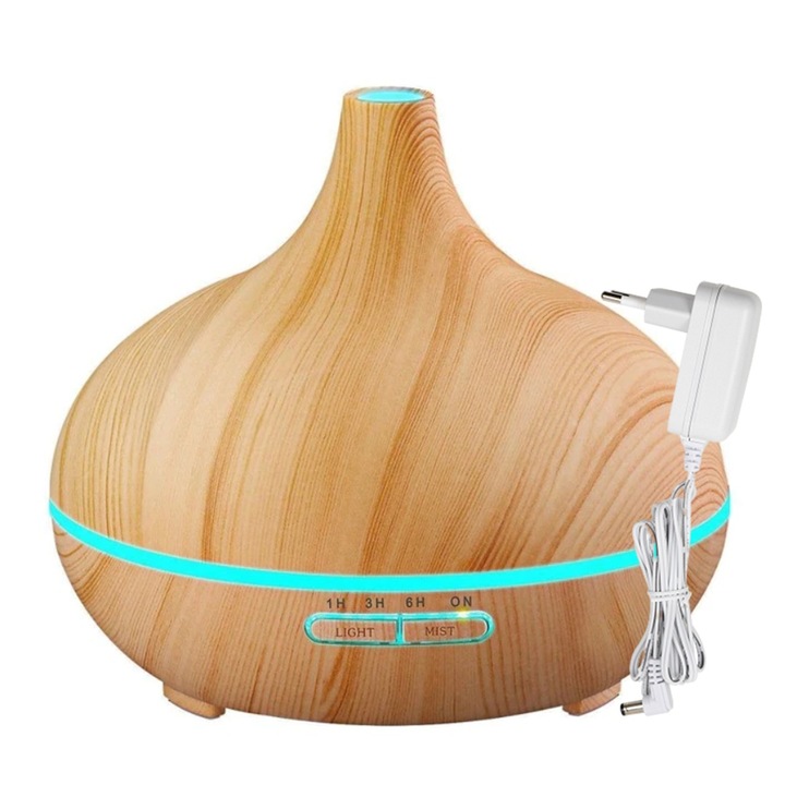 Difuzor aromaterapie 400 ml, aromatizator, stejar deschis, buton on/off, buton lumina, incarcator USB, terapie prin aroma, uleiuri si lumina