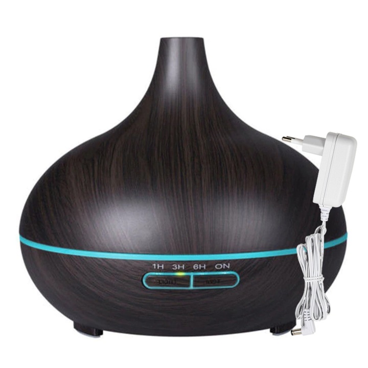 Aromaterápiás diffúzor 500 ml, sötét wenge tölgy, USB töltő, LED fény