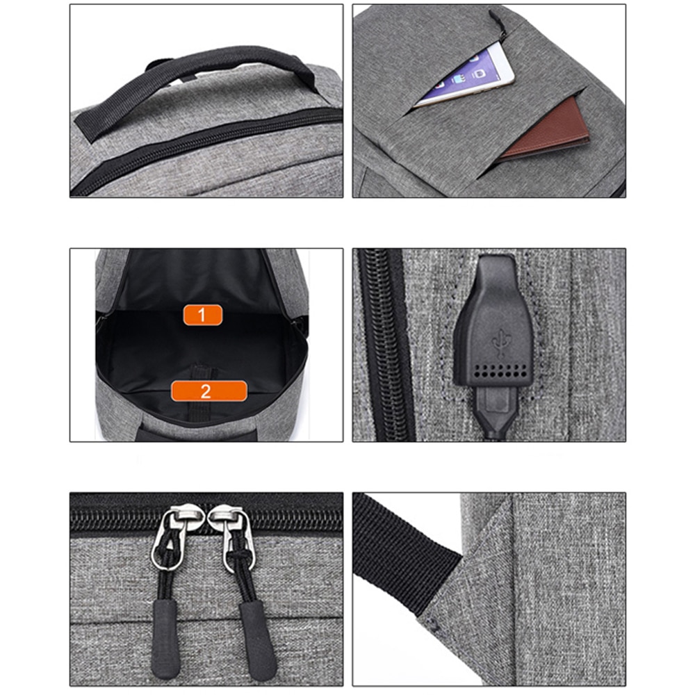Set 3in1 rucsac laptop, 15.6", cu port USB extern incarcare, geanta umar si mini portofel textil, pentru calatori, office sau scoala Gri
