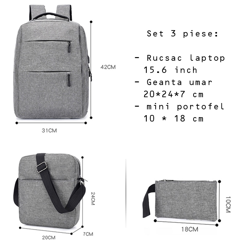 Set 3in1 rucsac laptop, 15.6", cu port USB extern incarcare, geanta umar si mini portofel textil, pentru calatori, office sau scoala Gri