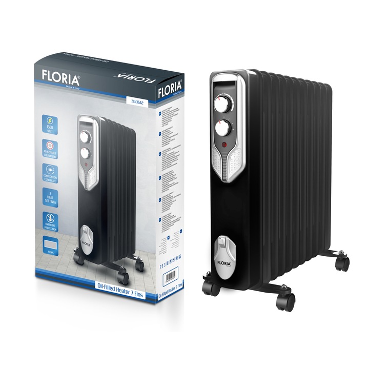 Calorifer electric Floria ZLN-3666, Negru 2500 W, 11 elementi, 3 trepte de putere, Termostat reglabil, Protectie supra-incalzire, Indicator luminos