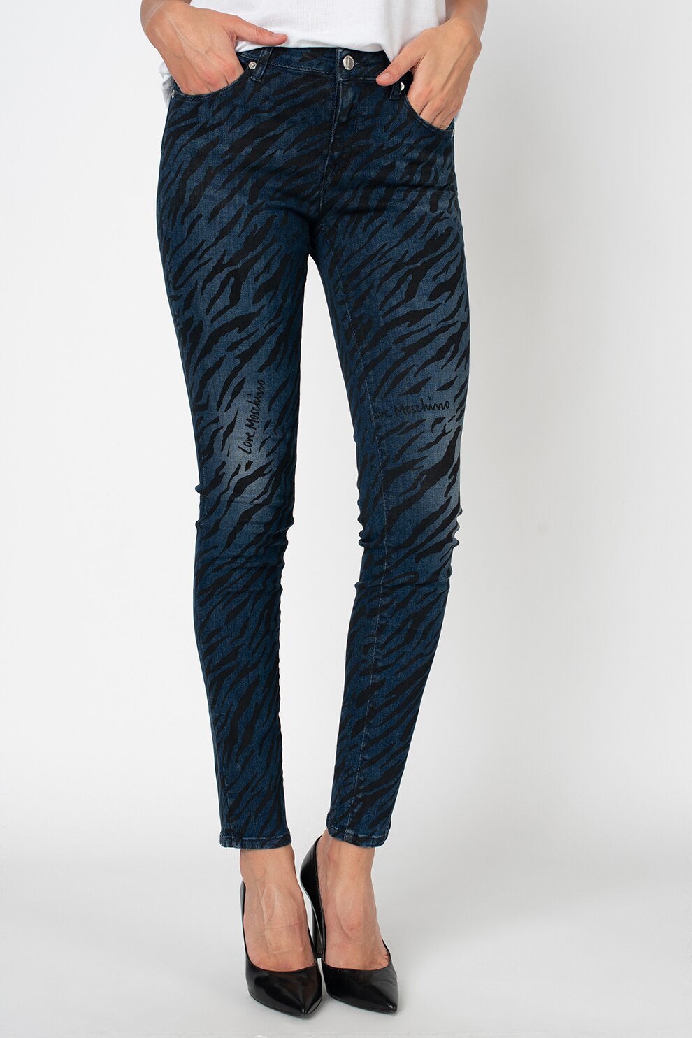 Love Moschino, Blugi cu imprimeu, Albastru inchis/Negru