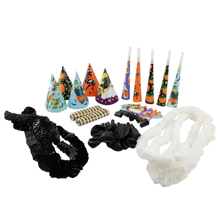 Set petrecere Halloween, ProCart, 37 piese, coifuri, suflatori, baloane, ghirlande, multicolore