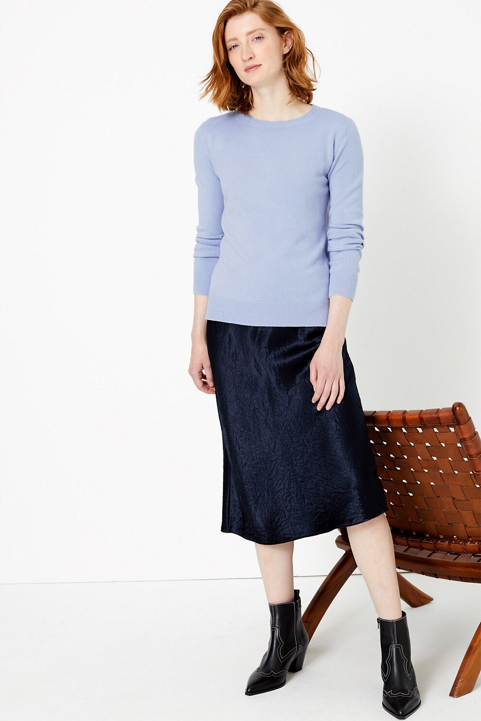 Marks & Spencer, Pulover tricotat fin cu slituri laterale, Albastru azur