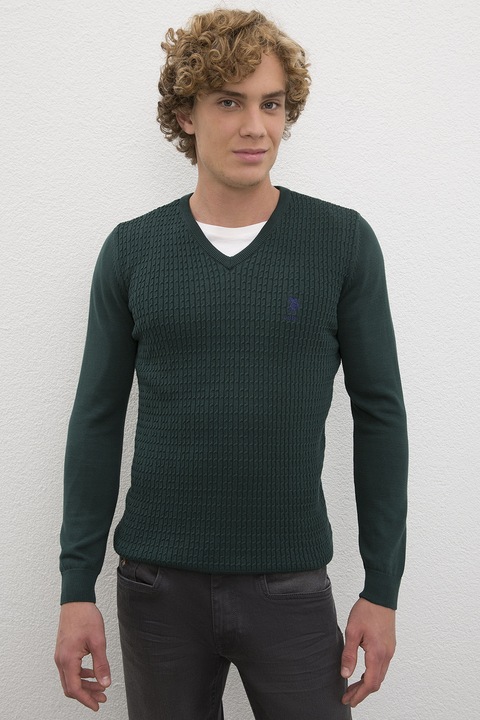 U.S. Polo Assn., Пуловер с шпиц и панел с плетка осморка, Тъмнозелен, XL