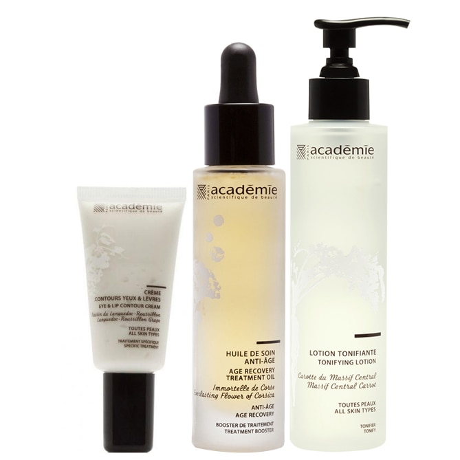 Pachet Promo Academie Aromatherapie pentru ten matur :Ulei tratament anti-age 30 ml,Lotiune tonica pentru toate tipurile de ten 200 ml,Crema pentru ochi 15 ml