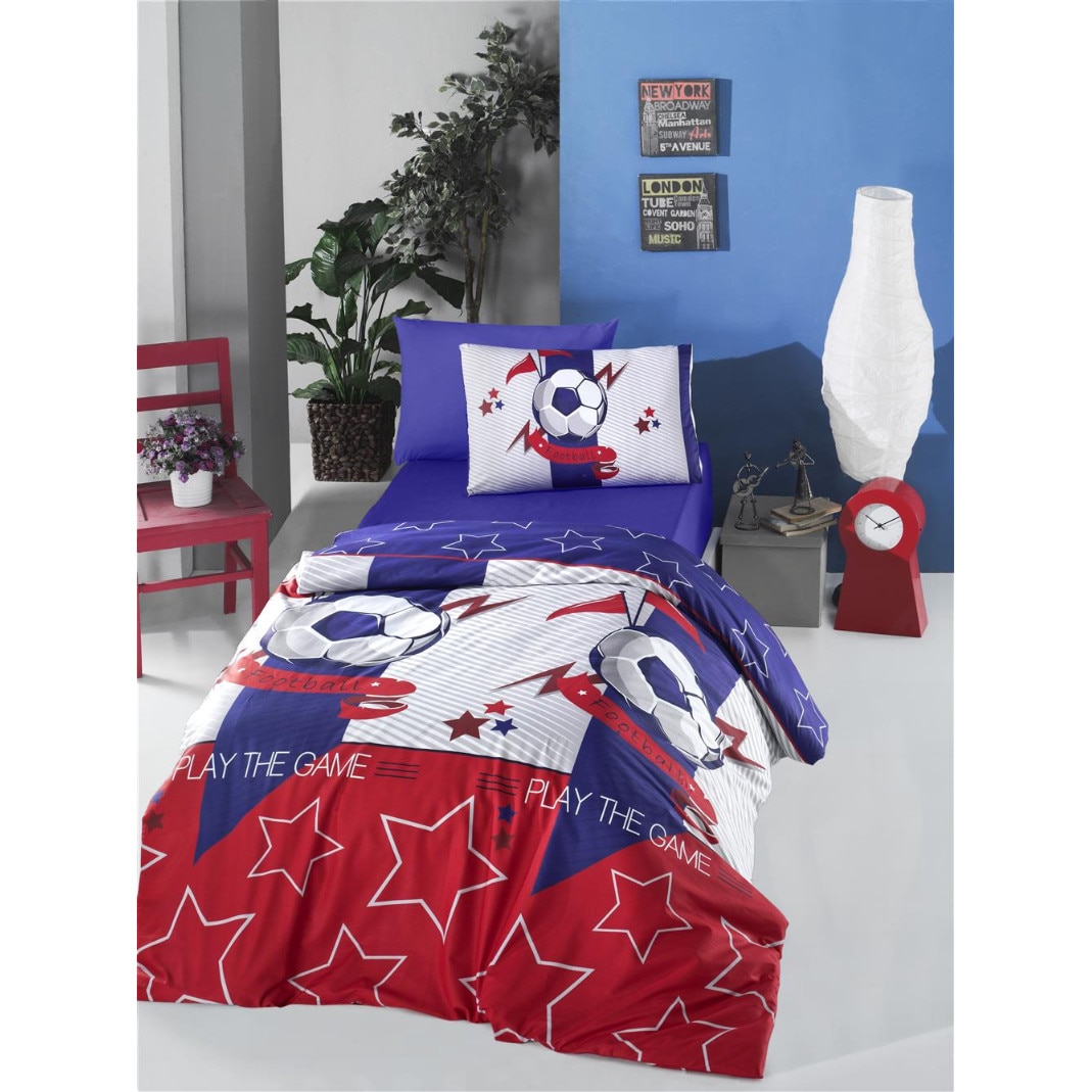 Lenjerie de pat Football Mally Home, pentru 1 persoana, 3 piese, 100% bumbac, Multicolor