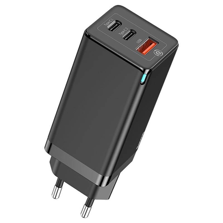 Захранване за ел. мрежа Baseus GaN Laptop Charger 65W, с USB и 2xUSB-C изходи, за лаптопи, смартфони, черен