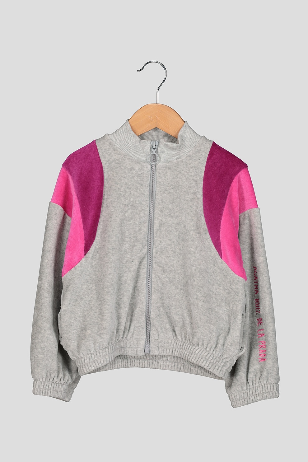 Agatha Ruiz de la Prada, Bluza sport de catifea cu fermoar si insertii contrastante, Gri melange/Roz