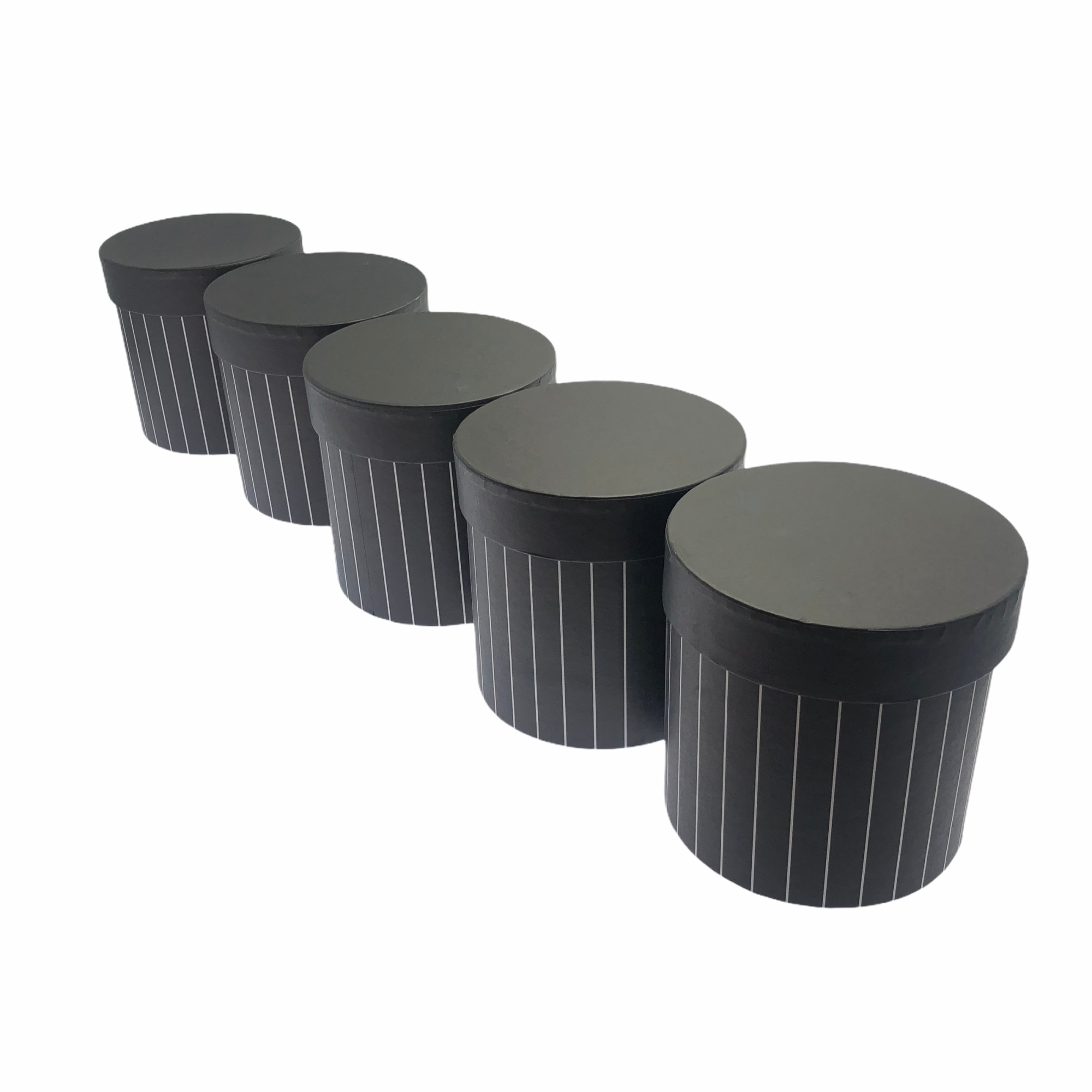 Set Atelier 5 cutii decorative cu capac pentru aranjamente si cadouri, Carton, 12 cm, Negru cu dungi
