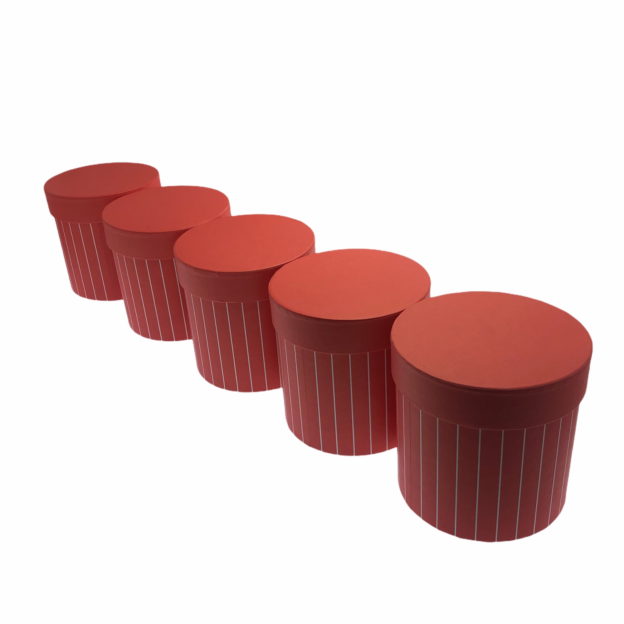 Set Atelier 5 cutii decorative cu capac pentru aranjamente si cadouri, Carton, 12 cm, Rosu cu dungi