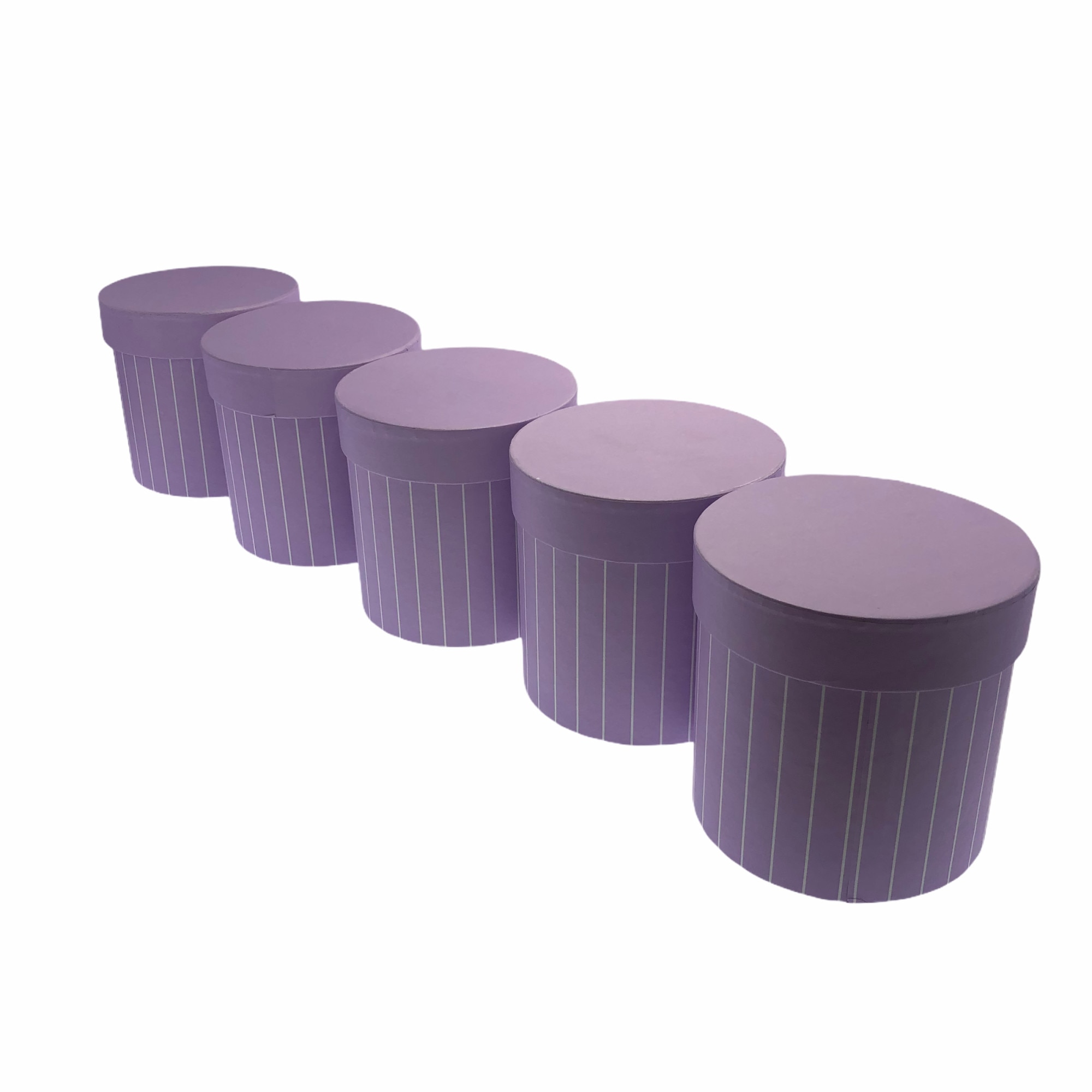 Set Atelier 5 cutii decorative cu capac pentru aranjamente si cadouri, Carton, 12 cm, Mov cu dungi