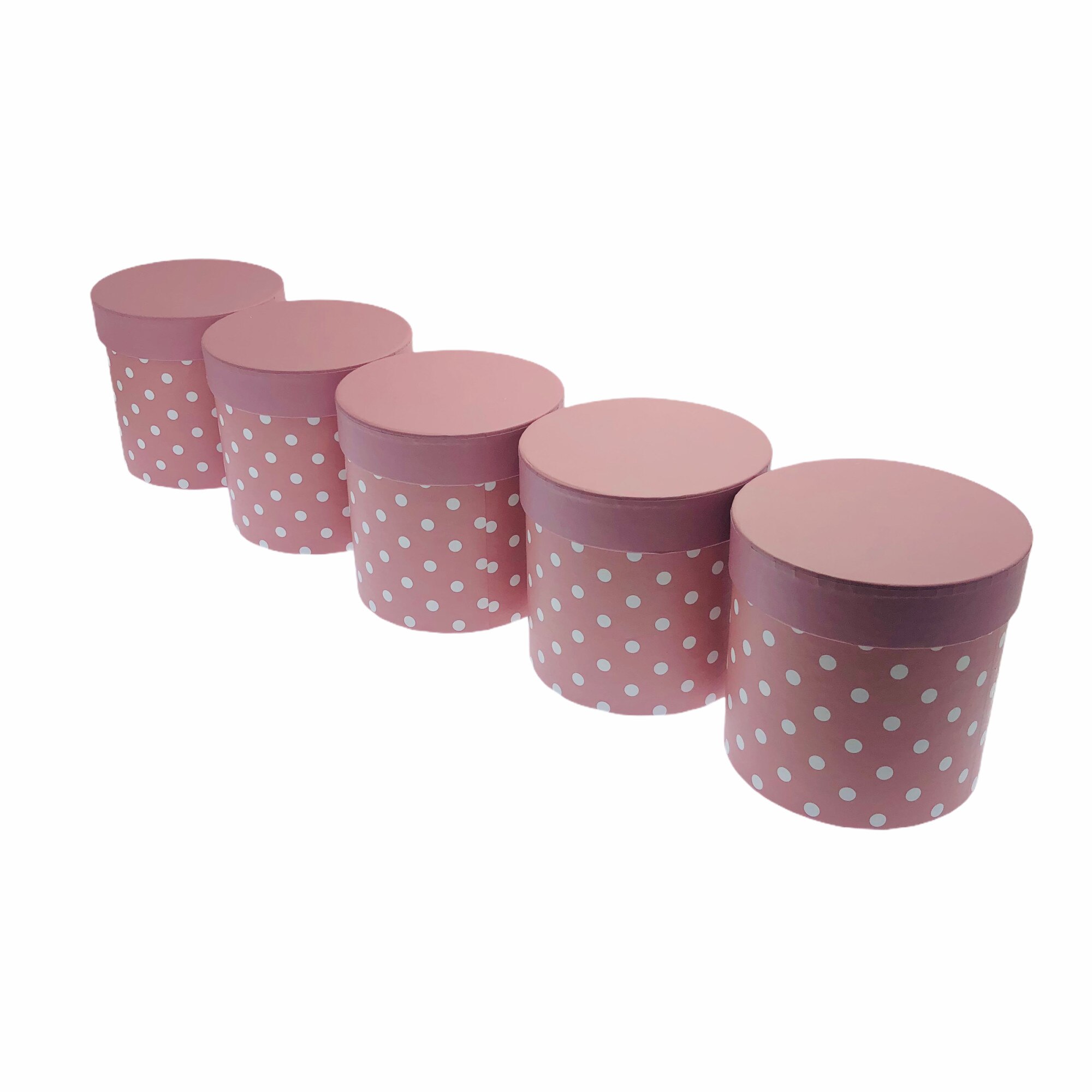Set Atelier 5 cutii decorative cu capac pentru aranjamente si cadouri, Carton, 12 cm, Roz cu buline albe