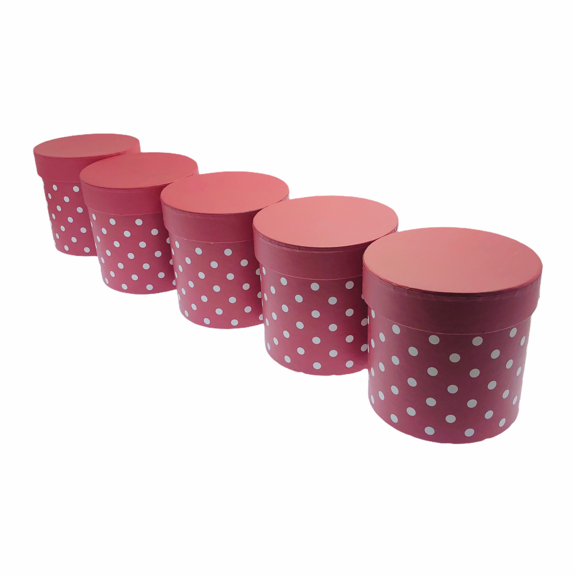 Set Atelier 5 cutii decorative cu capac pentru aranjamente si cadouri, Carton, 12 cm, Roz aprins cu buline albe