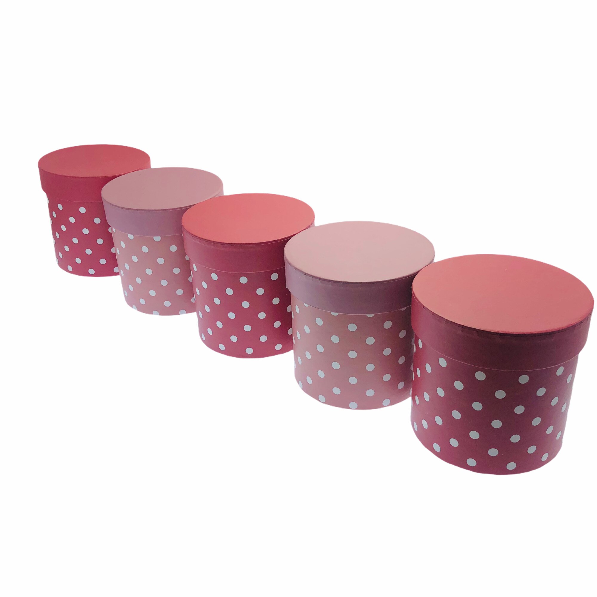 Set Atelier 5 cutii decorative cu capac pentru aranjamente si cadouri, Carton, 12 cm, Roz/Roz aprins cu buline albe