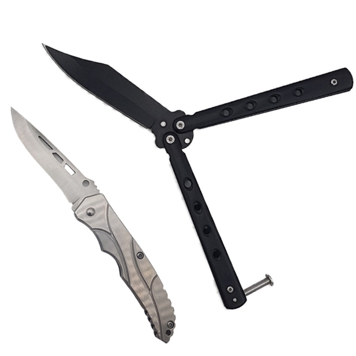 Set Cutit fluture Butterfly, Balisong 19 cm, negru 4 gauri si Cutit tip briceag model deosebit