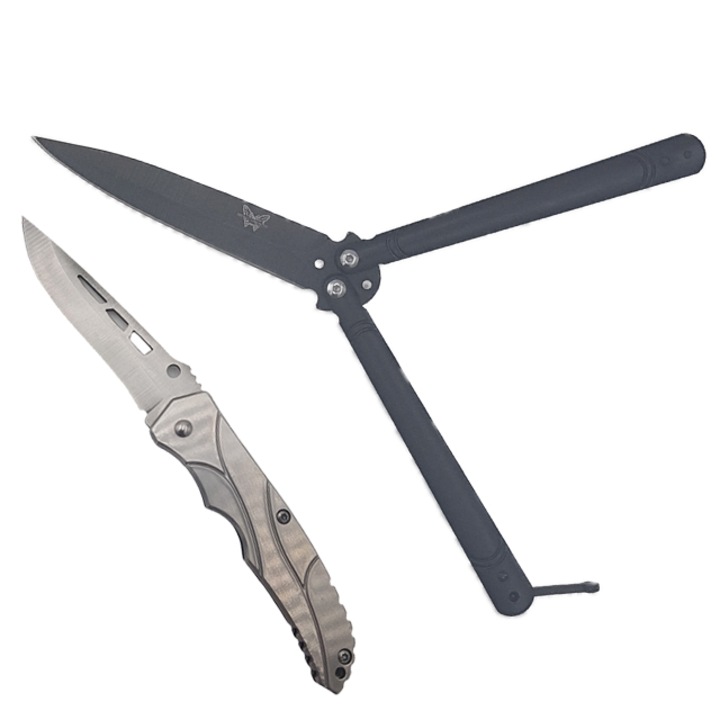 Set Cutit fluture Butterfly, Balisong 21.5 cm, negru 2 paranteze si Cutit tip briceag model deosebit