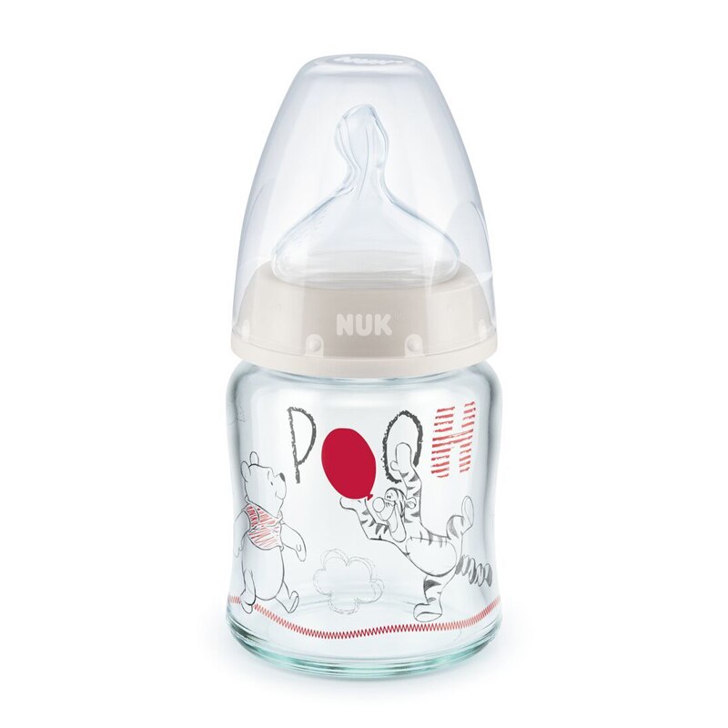 Biberon din sticla cu tetina din silicon 120 ml 0-6 luni First Choice+ Disney 211029A, Alb