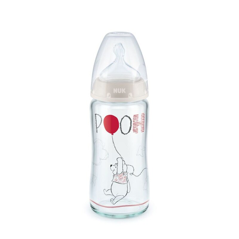 Biberon din sticla cu tetina din silicon 240 ml 0-6 luni Nuk First Choice+ Disney 212042, Alb