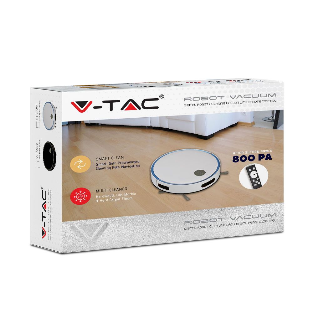 Robot de aspirare V-TAC 8659, Consum 13.7 Kw, 14.4V, control de la distanta, Autonomie 100 min, 2000 mAh, Black