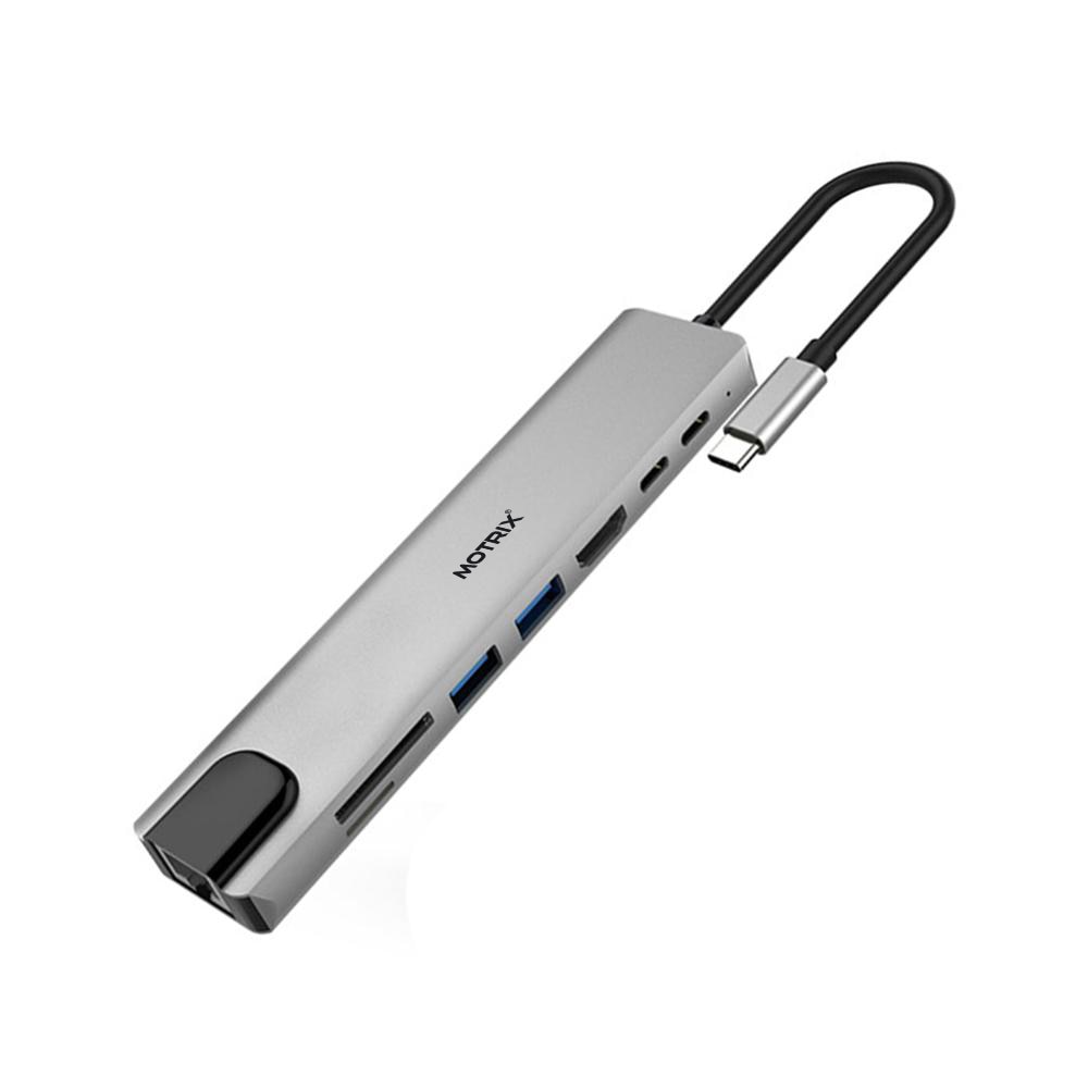 Hub adaptor Motrix® USB Type-C la 1xEthernet RJ45, 1xSD Card Reader, 1xTF Card Reader, 2xUSB3.0, 1xHDMI, 1xType-C Thunderbolt 3, 1xPower Delivery port